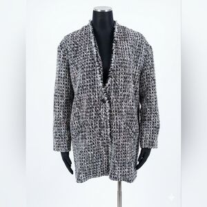 Leith Chic Black and black and white tweed frayed-edge coat.